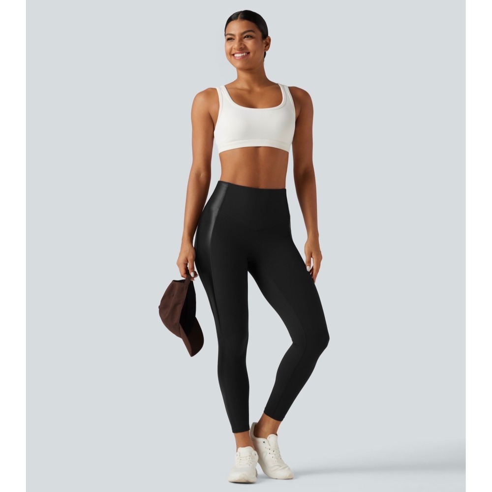 Halara High Waisted PU Tummy Control Yoga Leggings Black 7/8 Small
